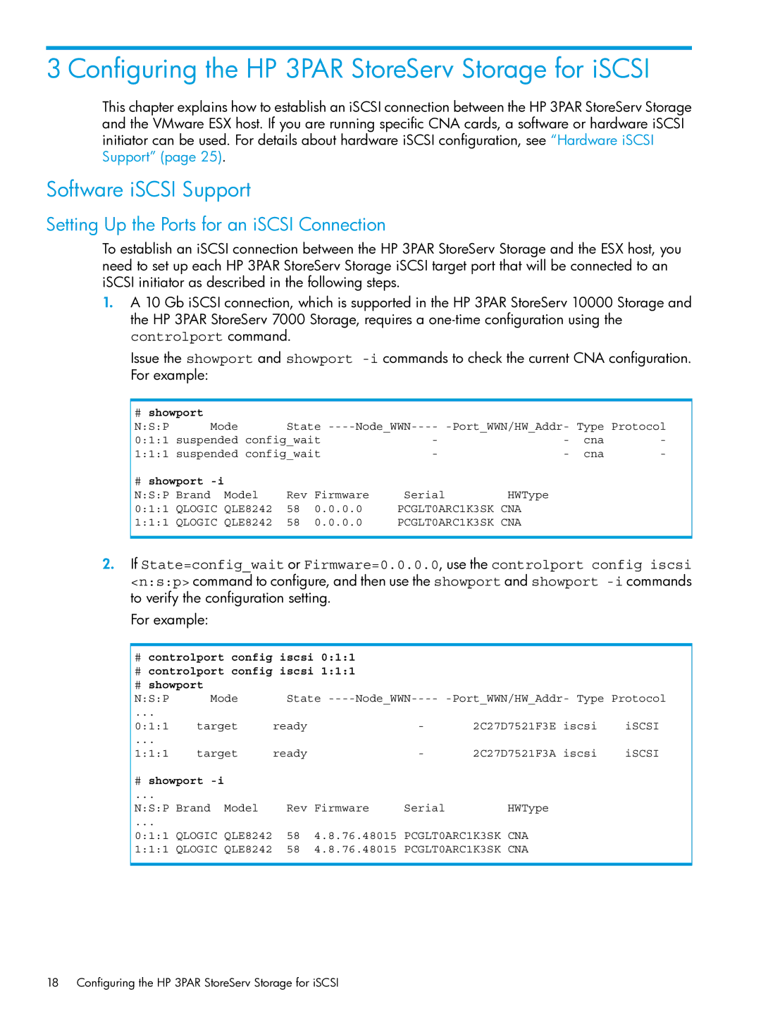 HP QR516B manual Configuring the HP 3PAR StoreServ Storage for iSCSI, Software iSCSI Support 