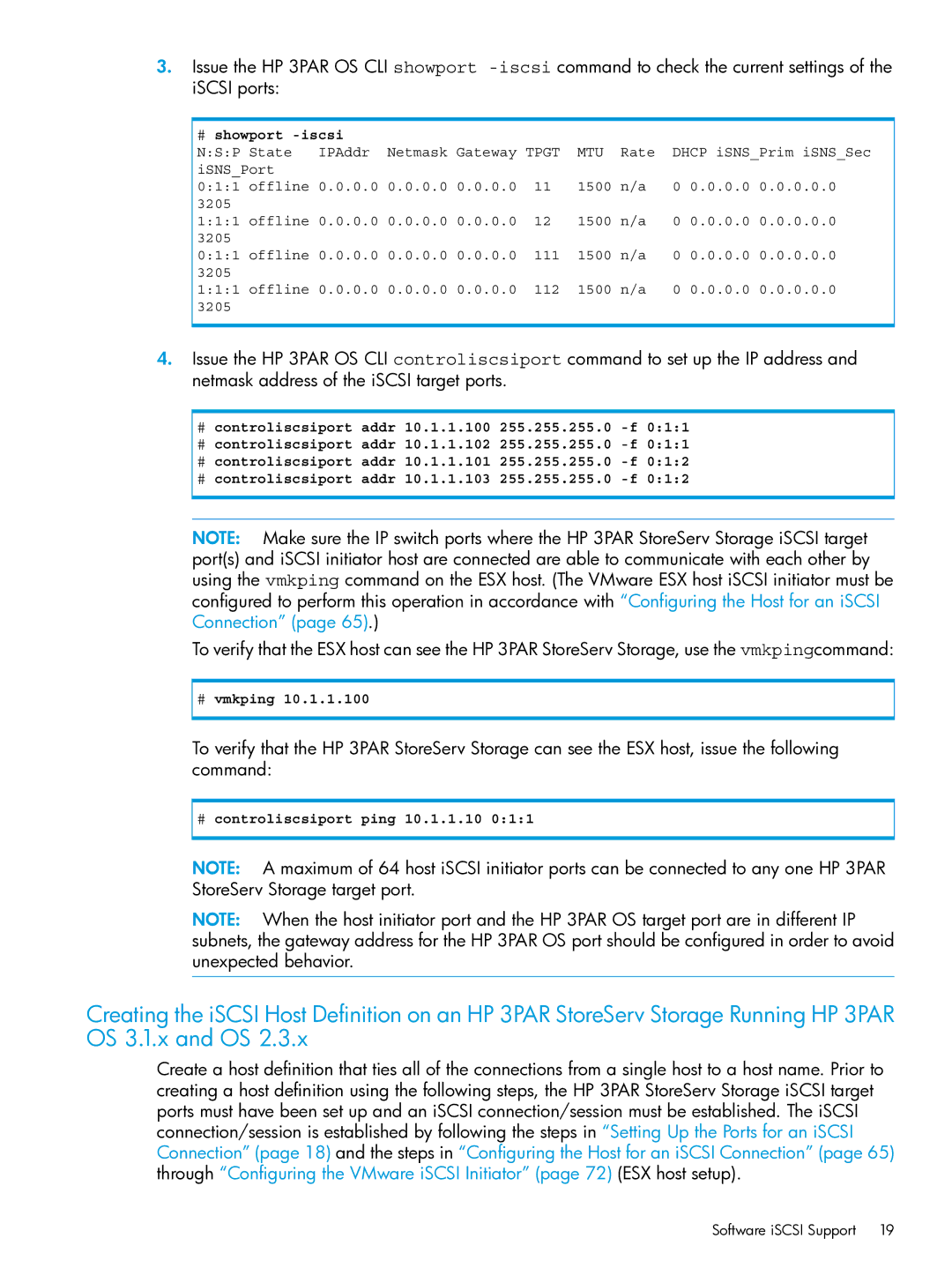 HP QR516B manual # showport -iscsi, # vmkping, # controliscsiport ping 10.1.1.10 