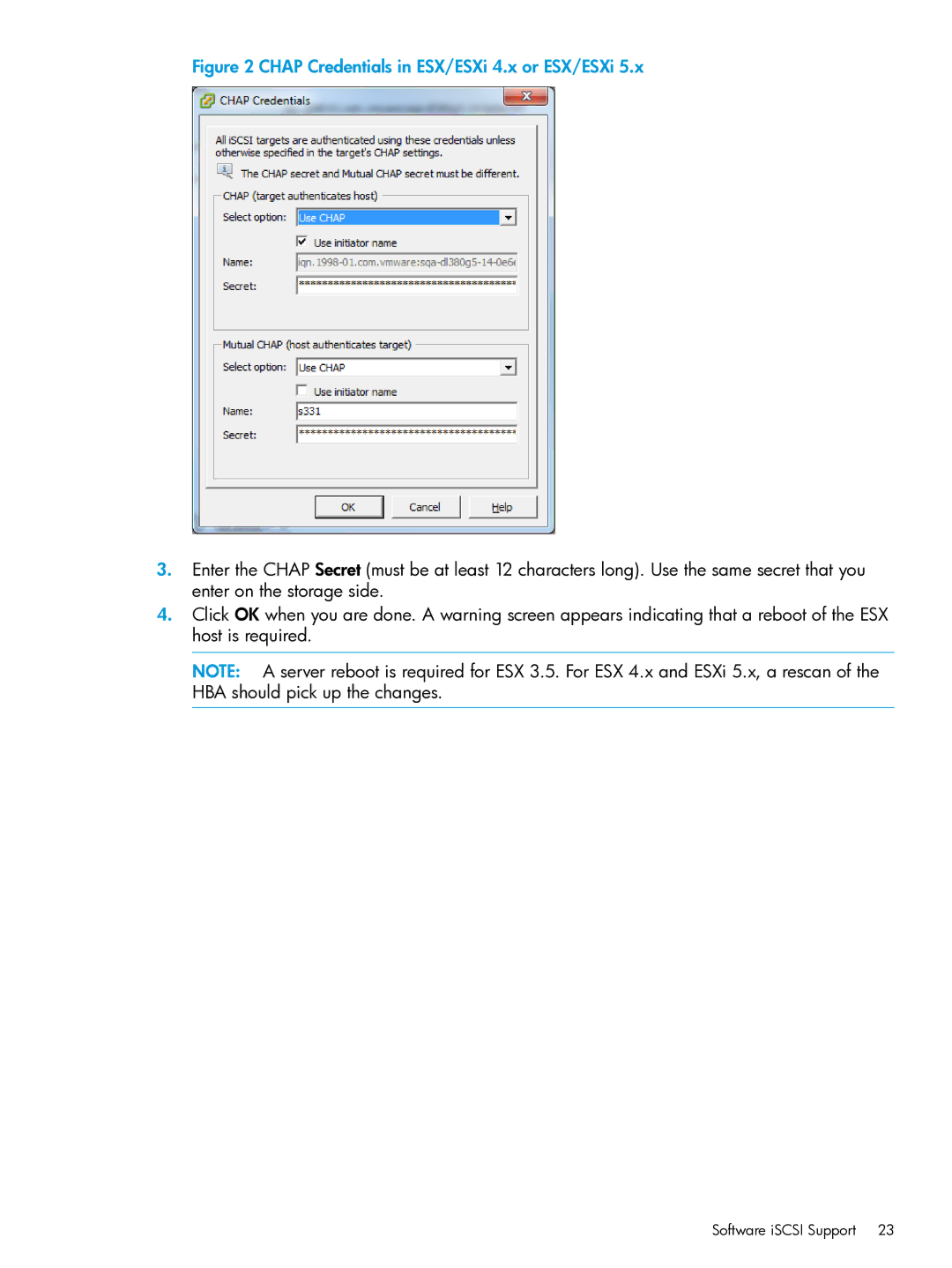 HP QR516B manual Chap Credentials in ESX/ESXi 4.x or ESX/ESXi 