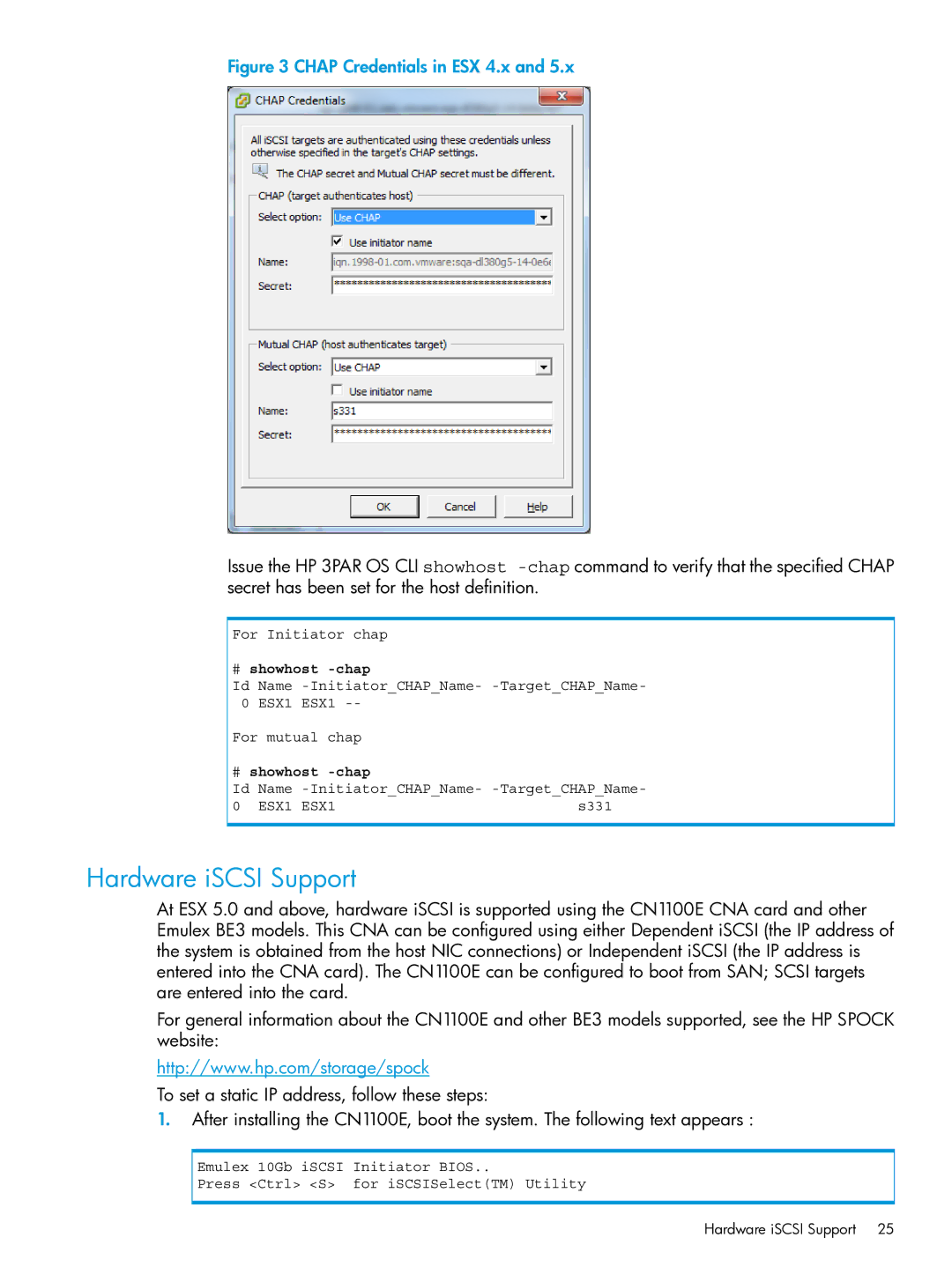 HP QR516B manual Hardware iSCSI Support, # showhost -chap 