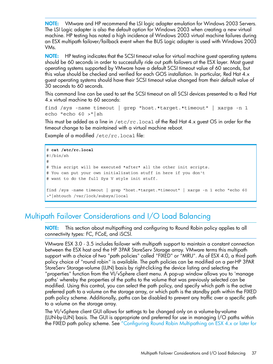 HP QR516B manual Multipath Failover Considerations and I/O Load Balancing, # cat /etc/rc.local 