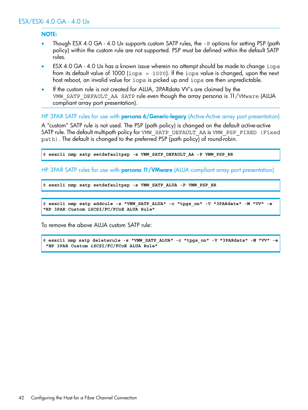 HP QR516B manual ESX/ESXi 4.0 GA 4.0 Ux, To remove the above Alua custom Satp rule 