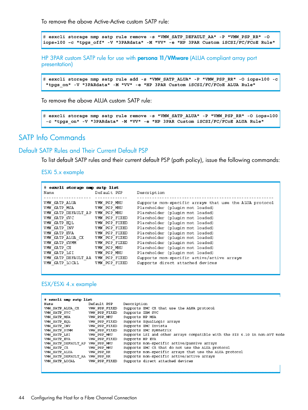 HP QR516B manual Satp Info Commands, Default Satp Rules and Their Current Default PSP 