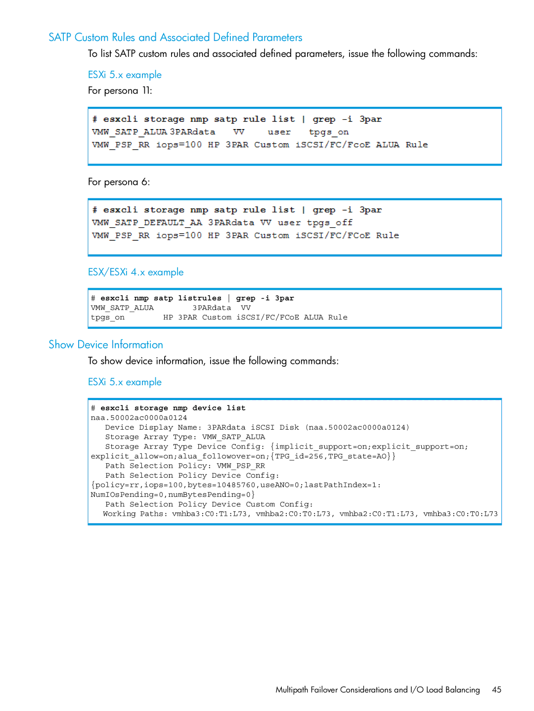 HP QR516B manual Satp Custom Rules and Associated Defined Parameters, Show Device Information 