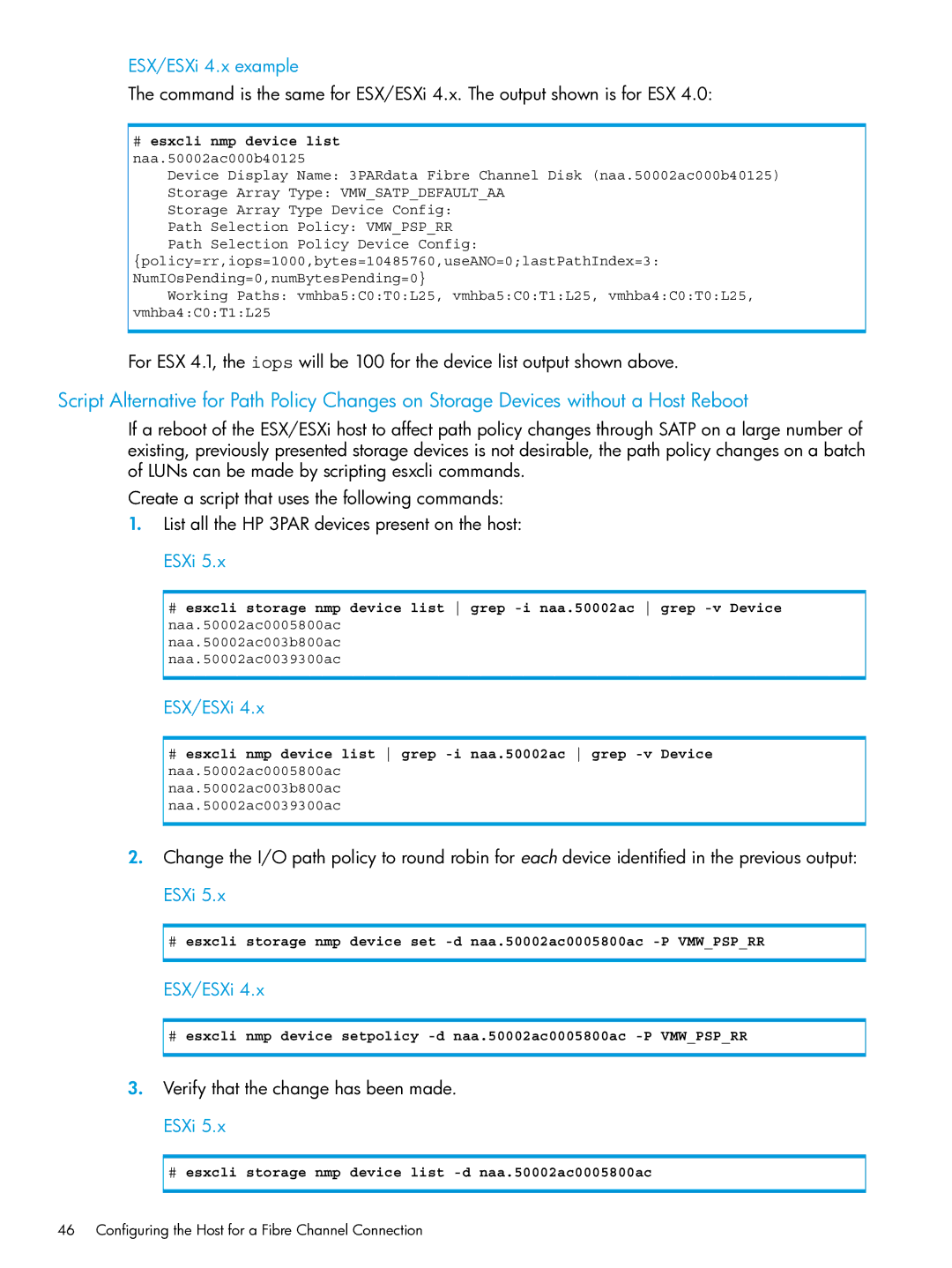 HP QR516B manual # esxcli nmp device list naa.50002ac000b40125, # esxcli storage nmp device list -d naa.50002ac0005800ac 