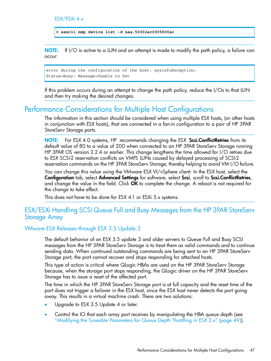 HP QR516B manual Performance Considerations for Multiple Host Configurations, VMware ESX Releases through ESX 3.5 Update 