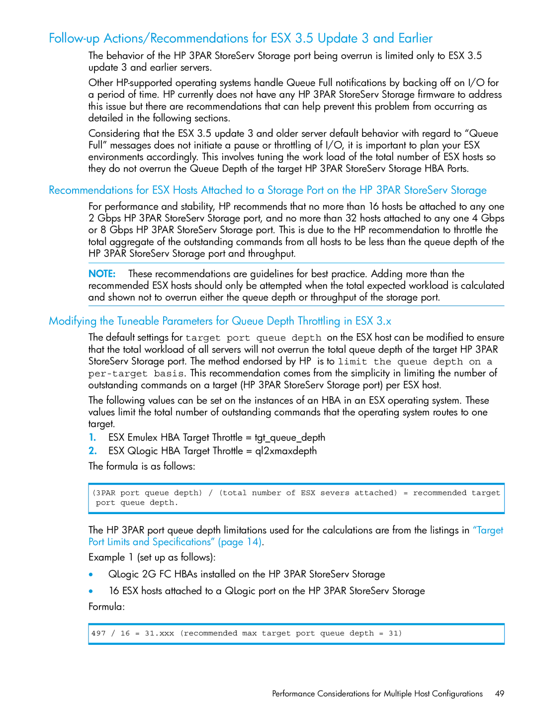 HP QR516B manual 497 / 16 = 31.xxx recommended max target port queue depth = 