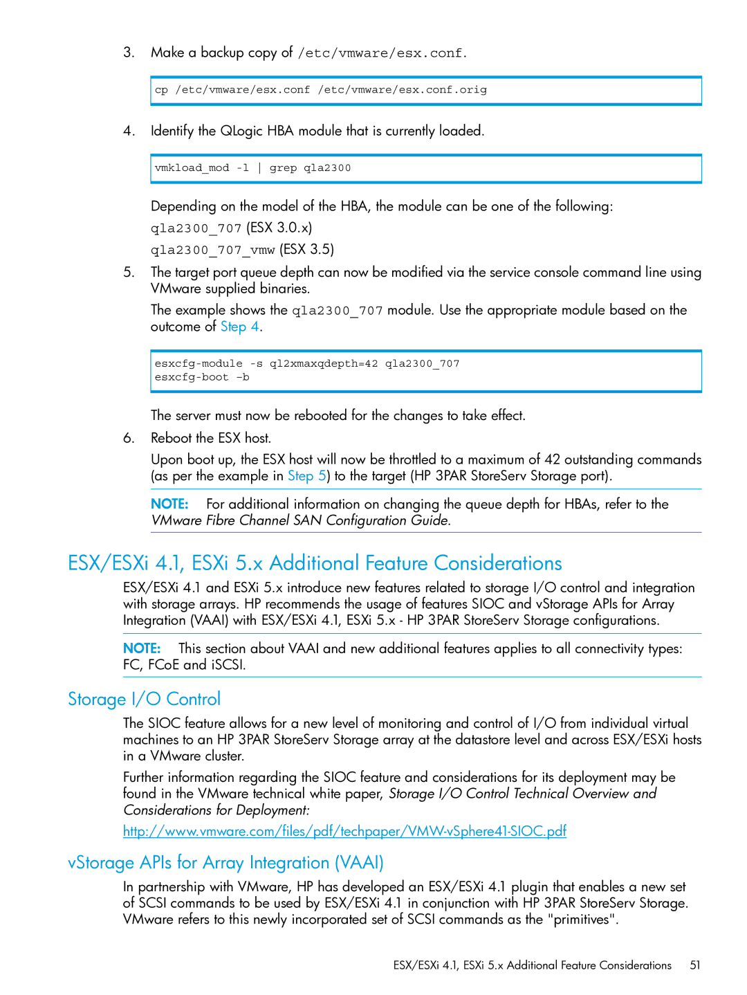 HP QR516B manual ESX/ESXi 4.1, ESXi 5.x Additional Feature Considerations, Storage I/O Control 