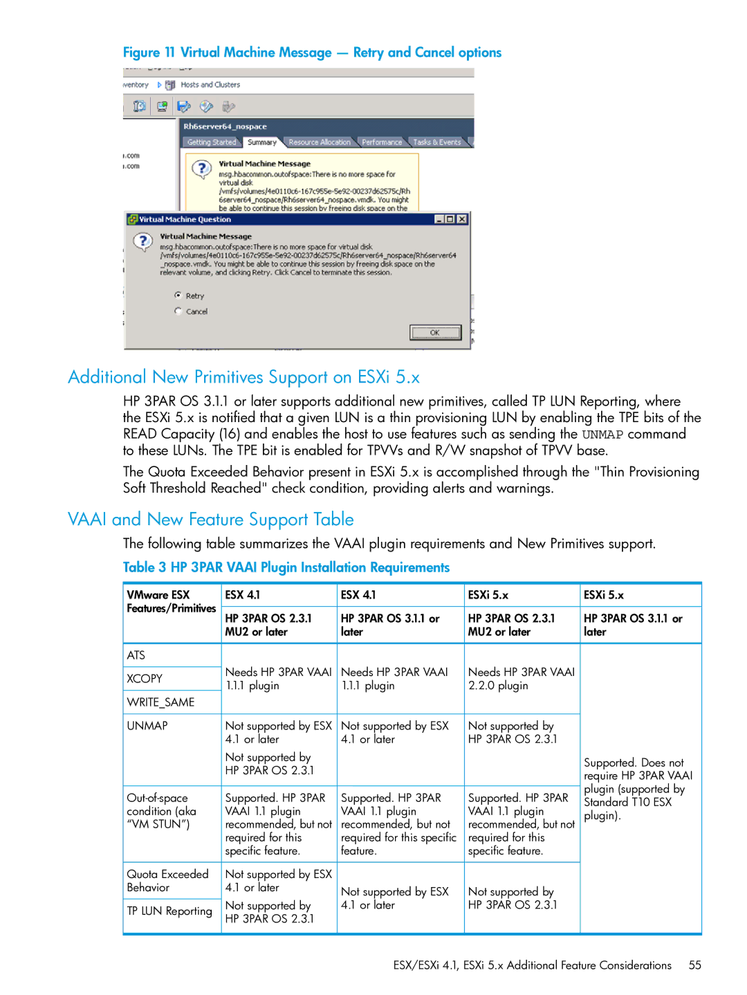 HP QR516B manual Additional New Primitives Support on ESXi, Vaai and New Feature Support Table 