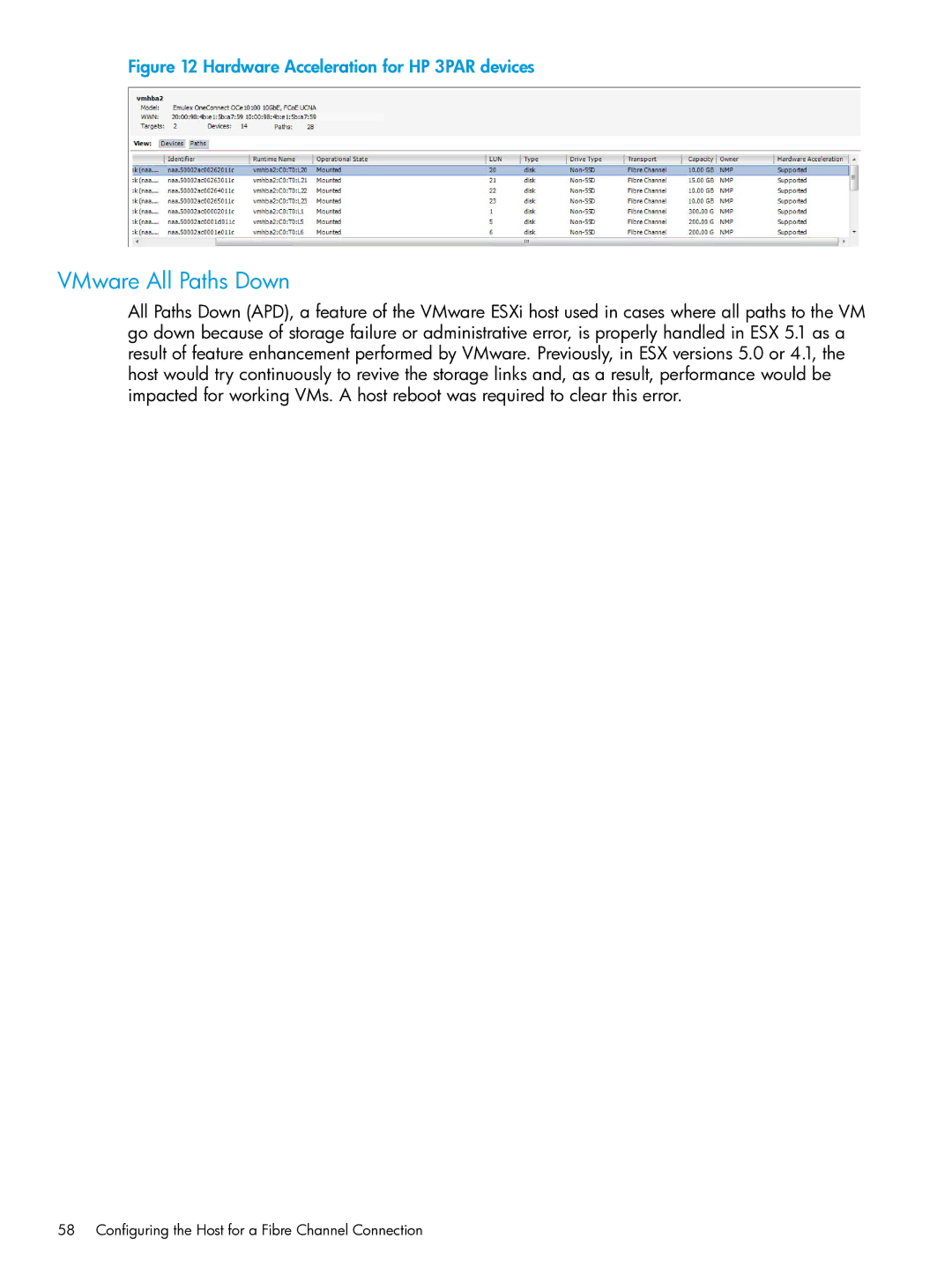 HP QR516B manual VMware All Paths Down, Hardware Acceleration for HP 3PAR devices 