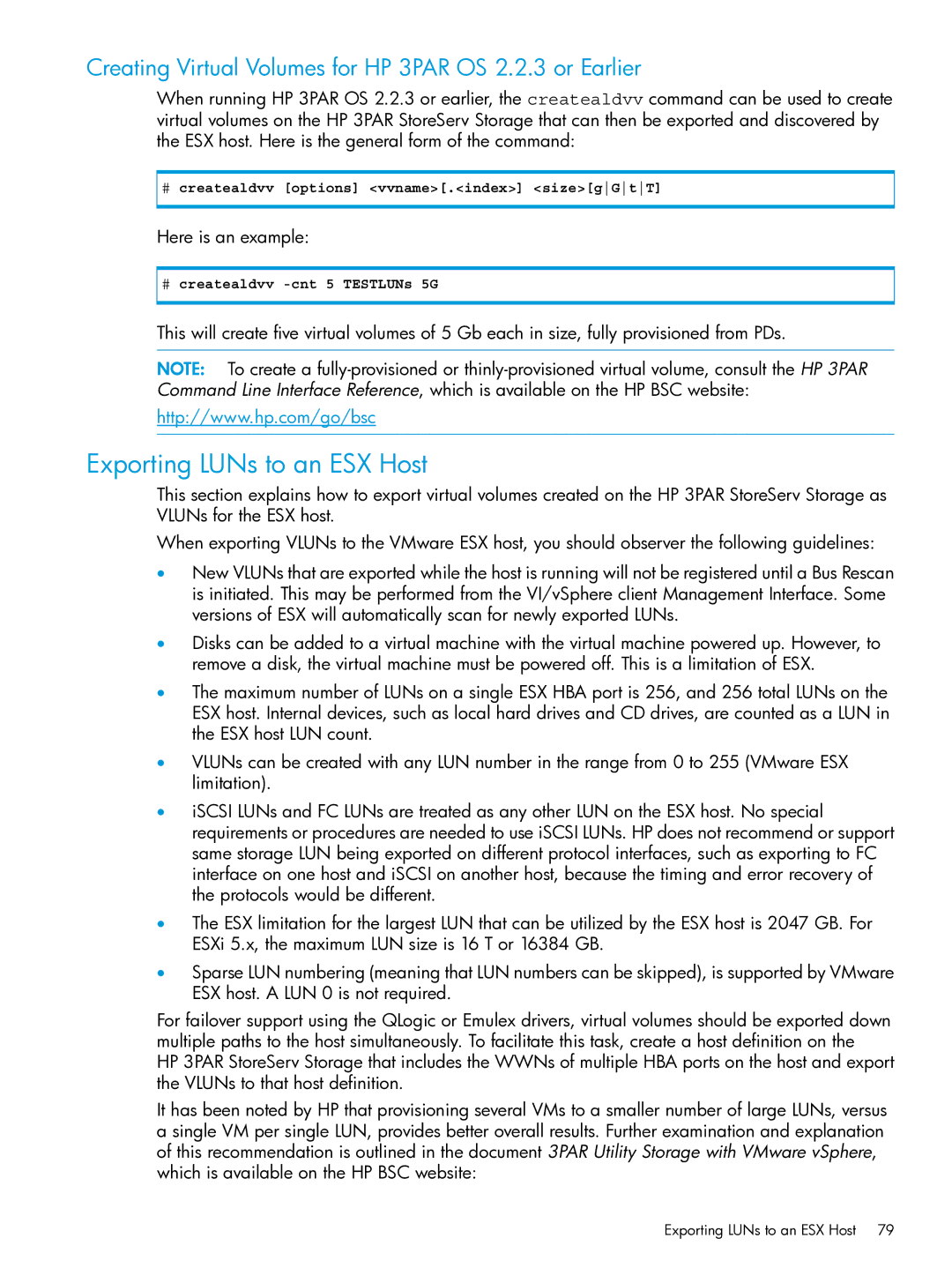 HP QR516B manual Exporting LUNs to an ESX Host, Creating Virtual Volumes for HP 3PAR OS 2.2.3 or Earlier 