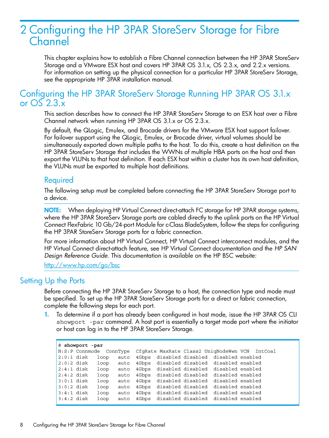 HP QR516B manual Configuring the HP 3PAR StoreServ Storage for Fibre Channel, Setting Up the Ports, # showport -par 