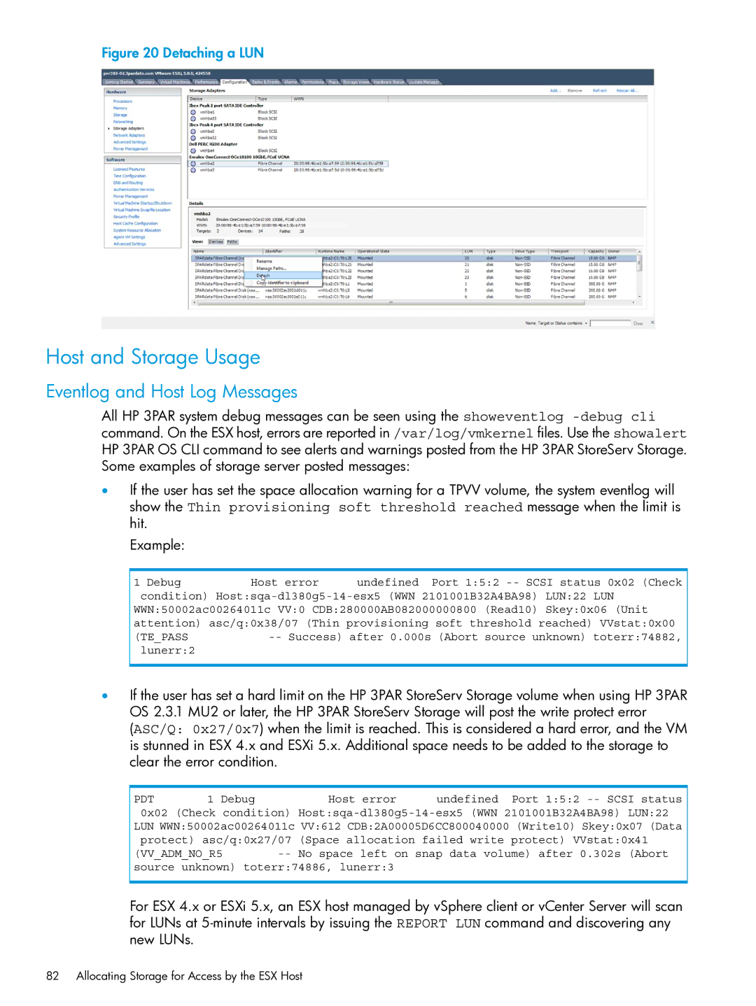 HP QR516B manual Host and Storage Usage, Eventlog and Host Log Messages 