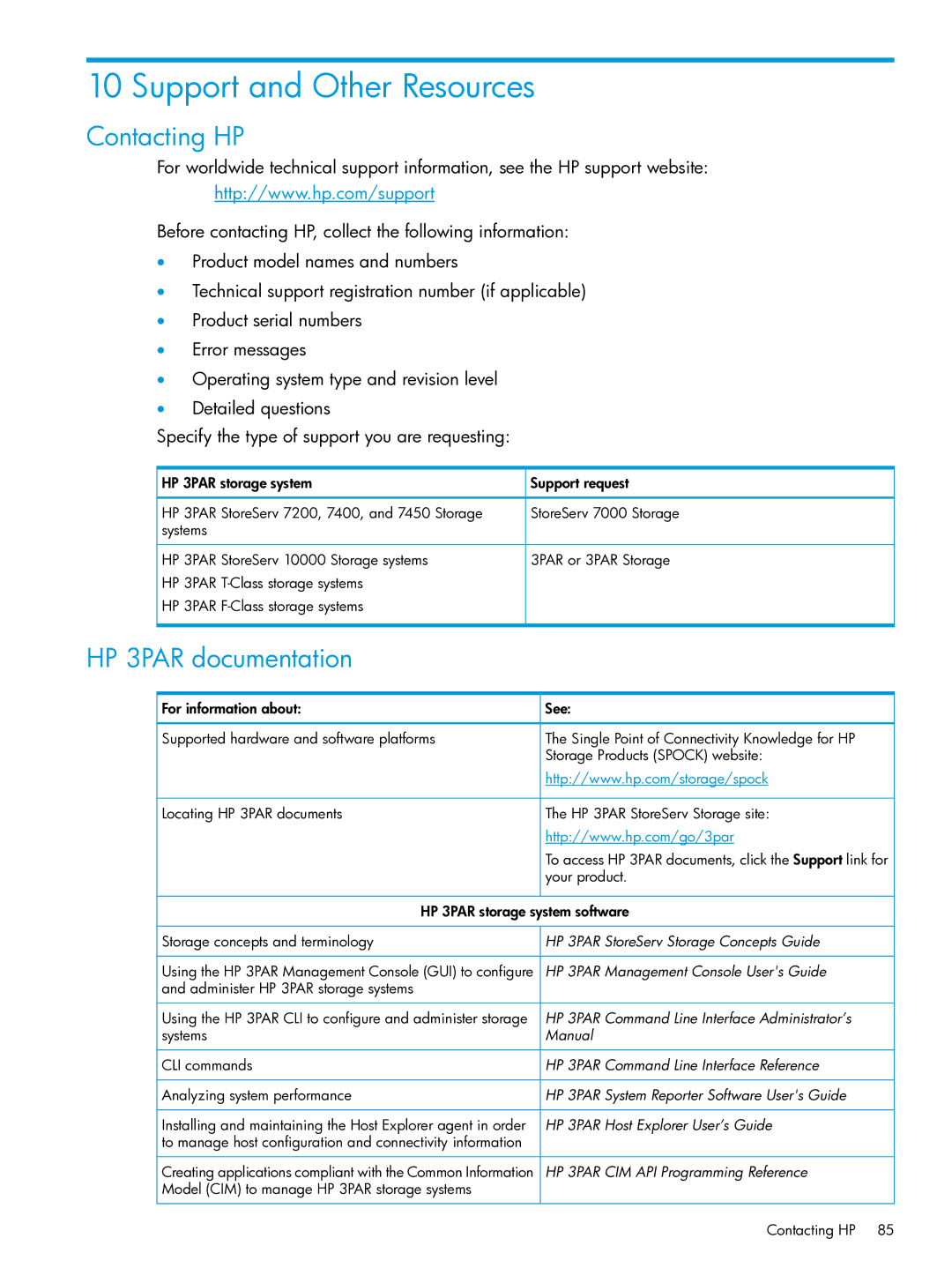 HP QR516B manual Support and Other Resources, Contacting HP, HP 3PAR documentation 