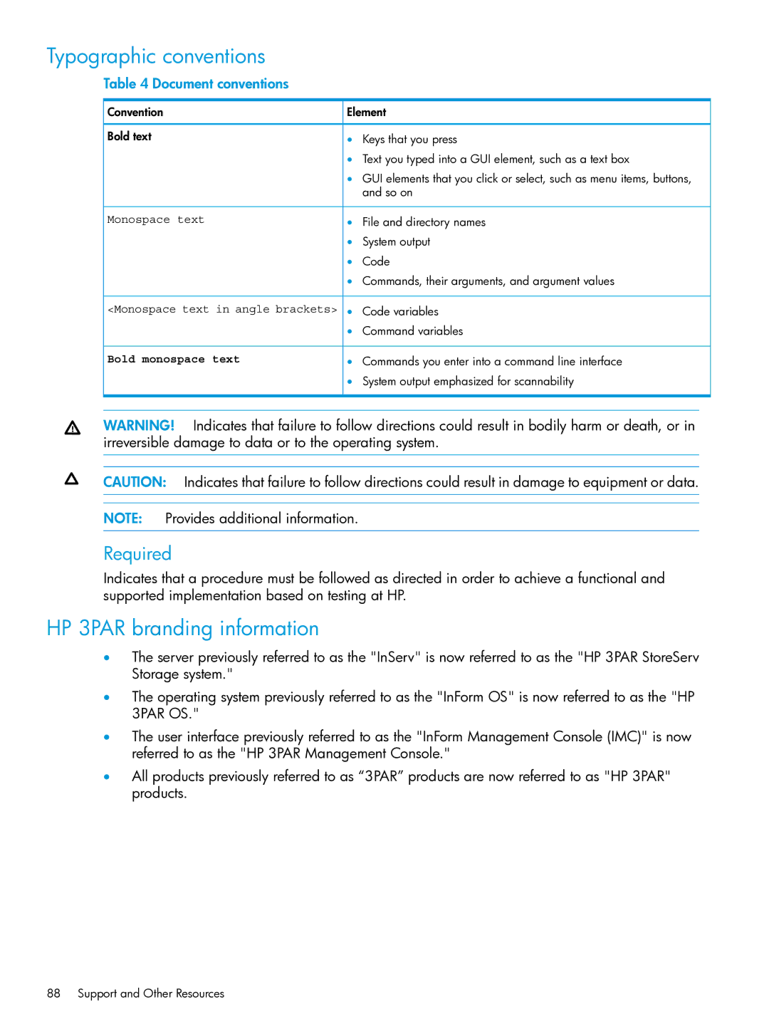 HP QR516B manual Typographic conventions, HP 3PAR branding information 