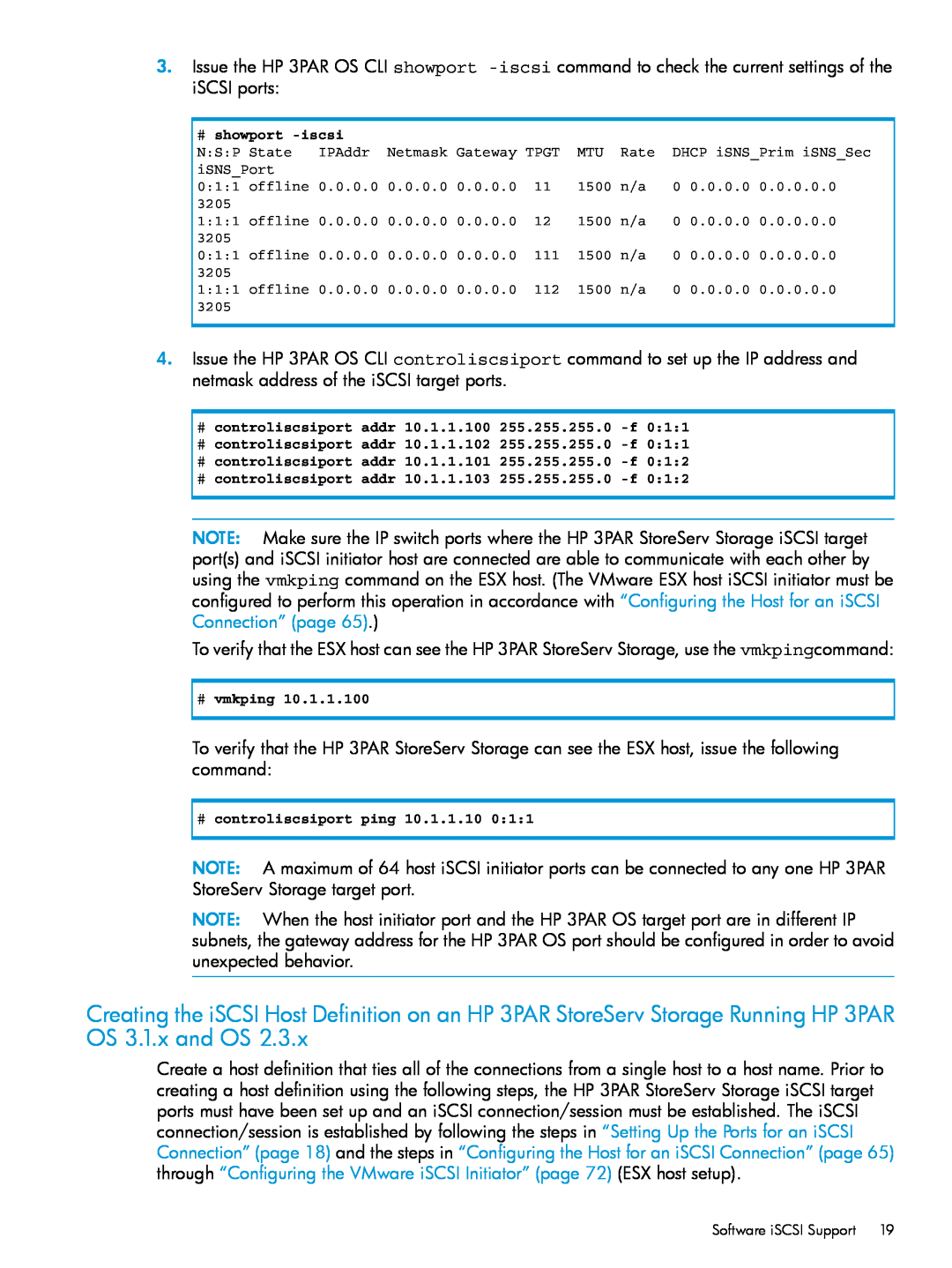 HP QR516B manual # showport -iscsi, # controliscsiport addr 10.1.1.100 255.255.255.0 -f, # vmkping, Software iSCSI Support 