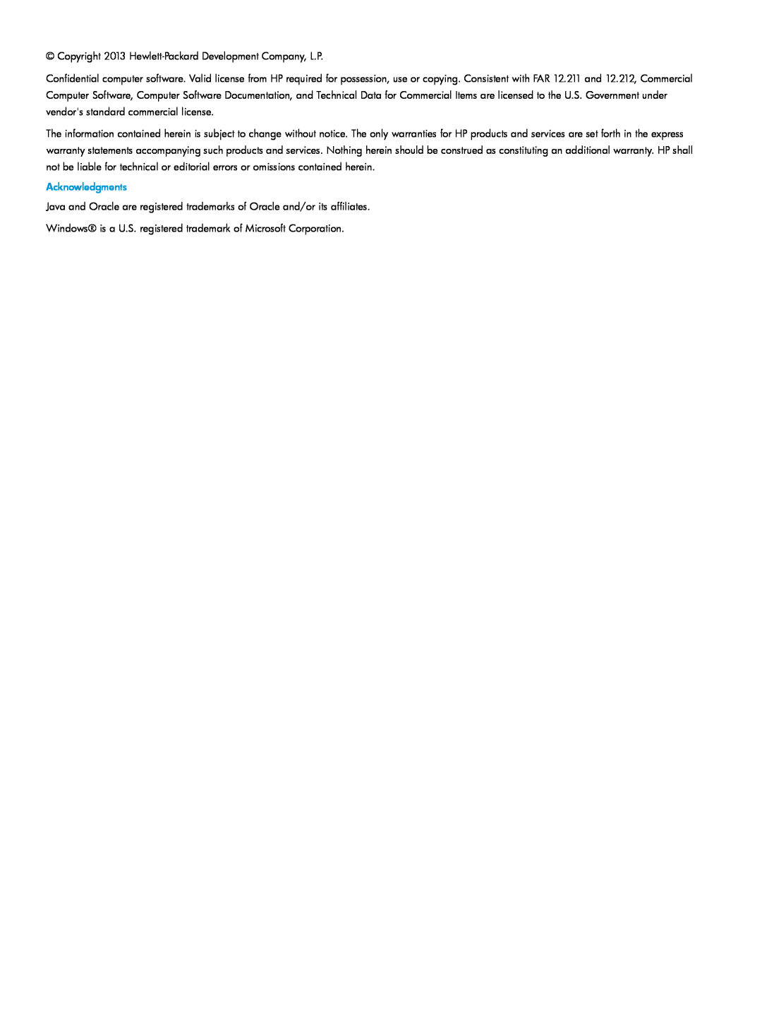 HP QR516B manual Copyright 2013 Hewlett-Packard Development Company, L.P, Acknowledgments 