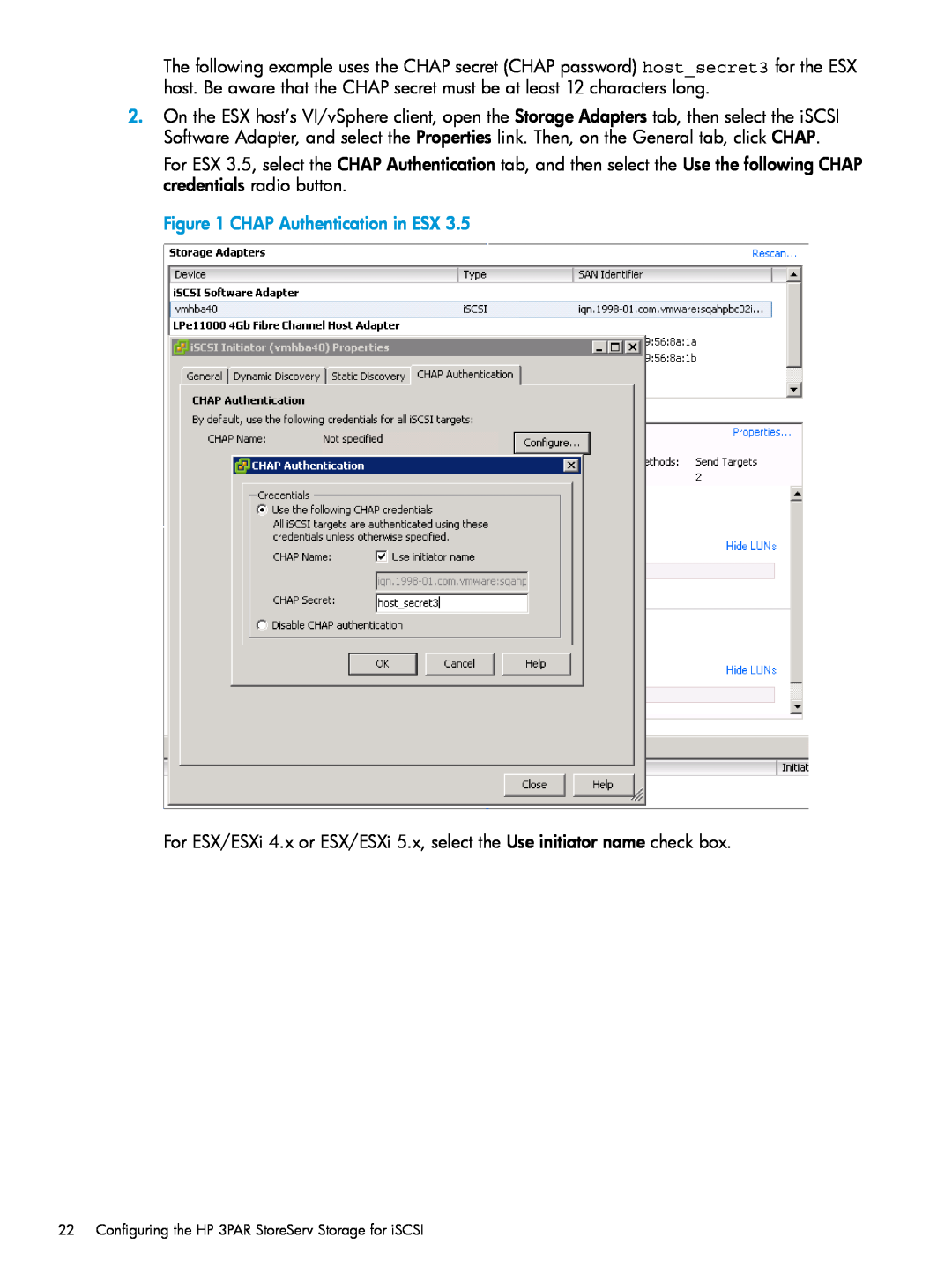 HP QR516B manual CHAP Authentication in ESX, Configuring the HP 3PAR StoreServ Storage for iSCSI 