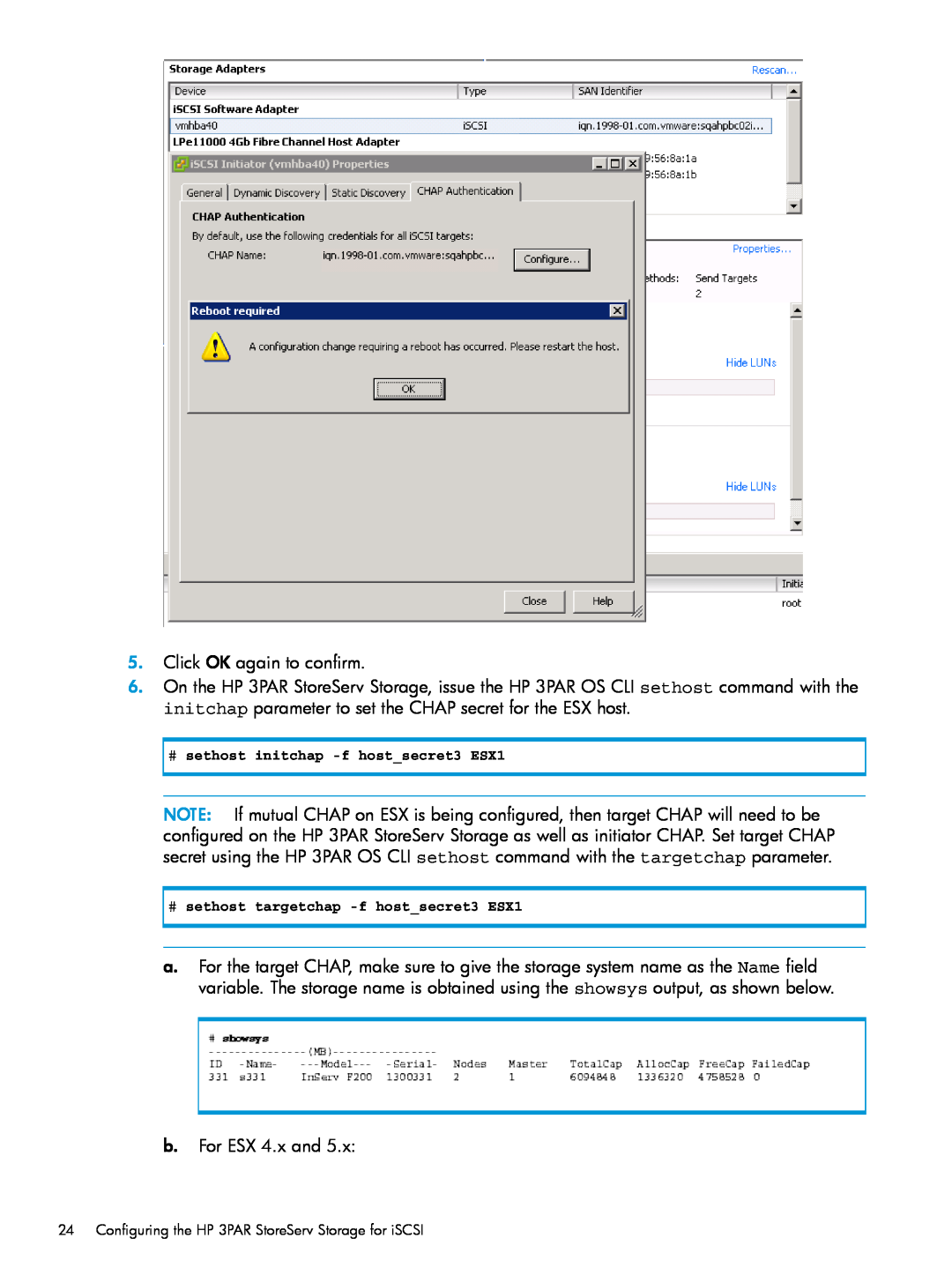 HP QR516B manual Click OK again to confirm, b. For ESX 4.x and, # sethost initchap -f hostsecret3 ESX1 