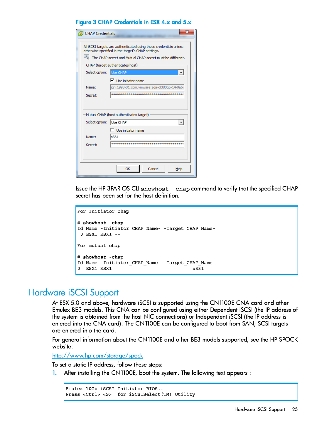 HP QR516B manual Hardware iSCSI Support, CHAP Credentials in ESX 4.x and 