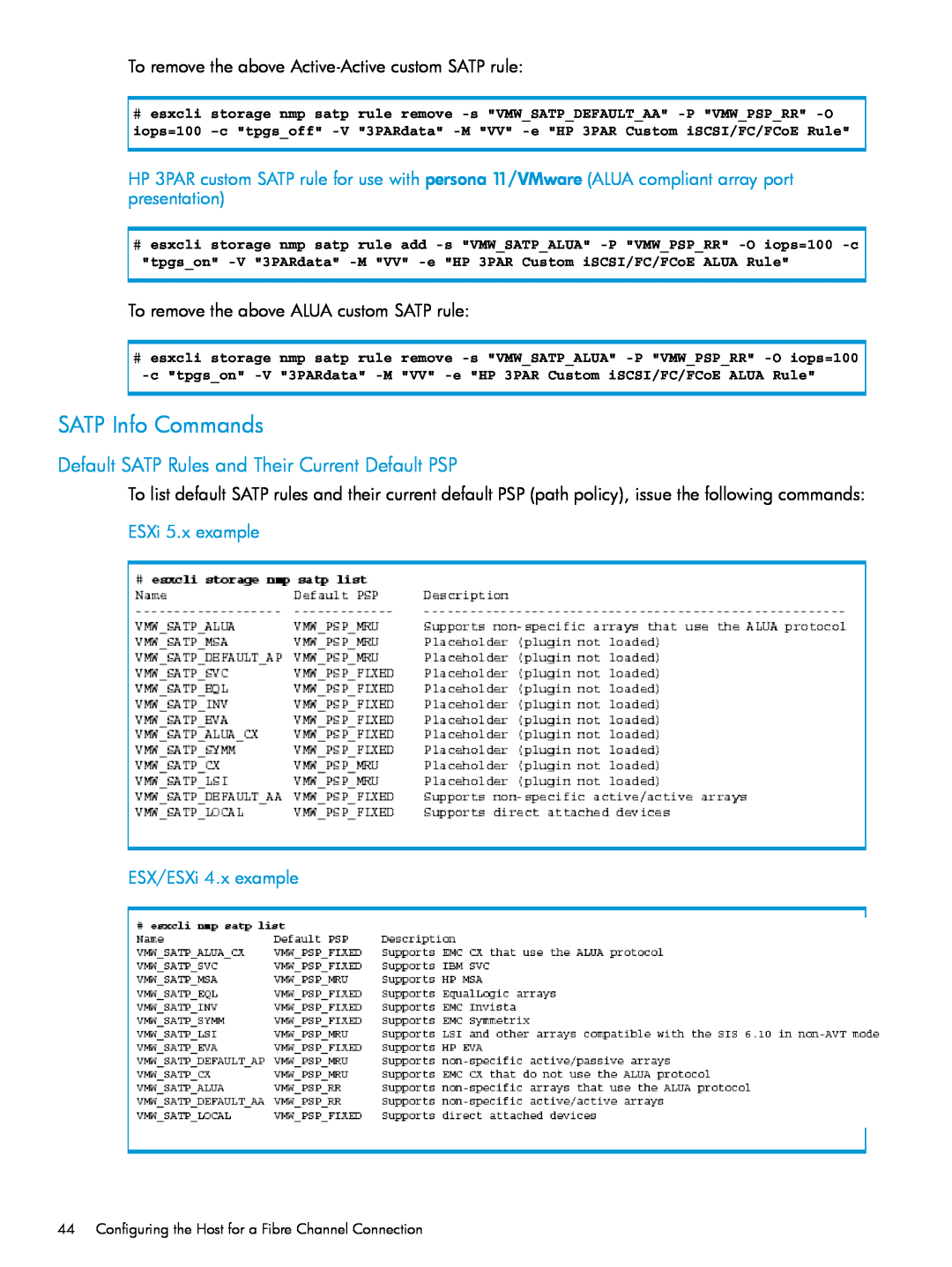 HP QR516B manual SATP Info Commands, Default SATP Rules and Their Current Default PSP, ESX/ESXi 4.x example 