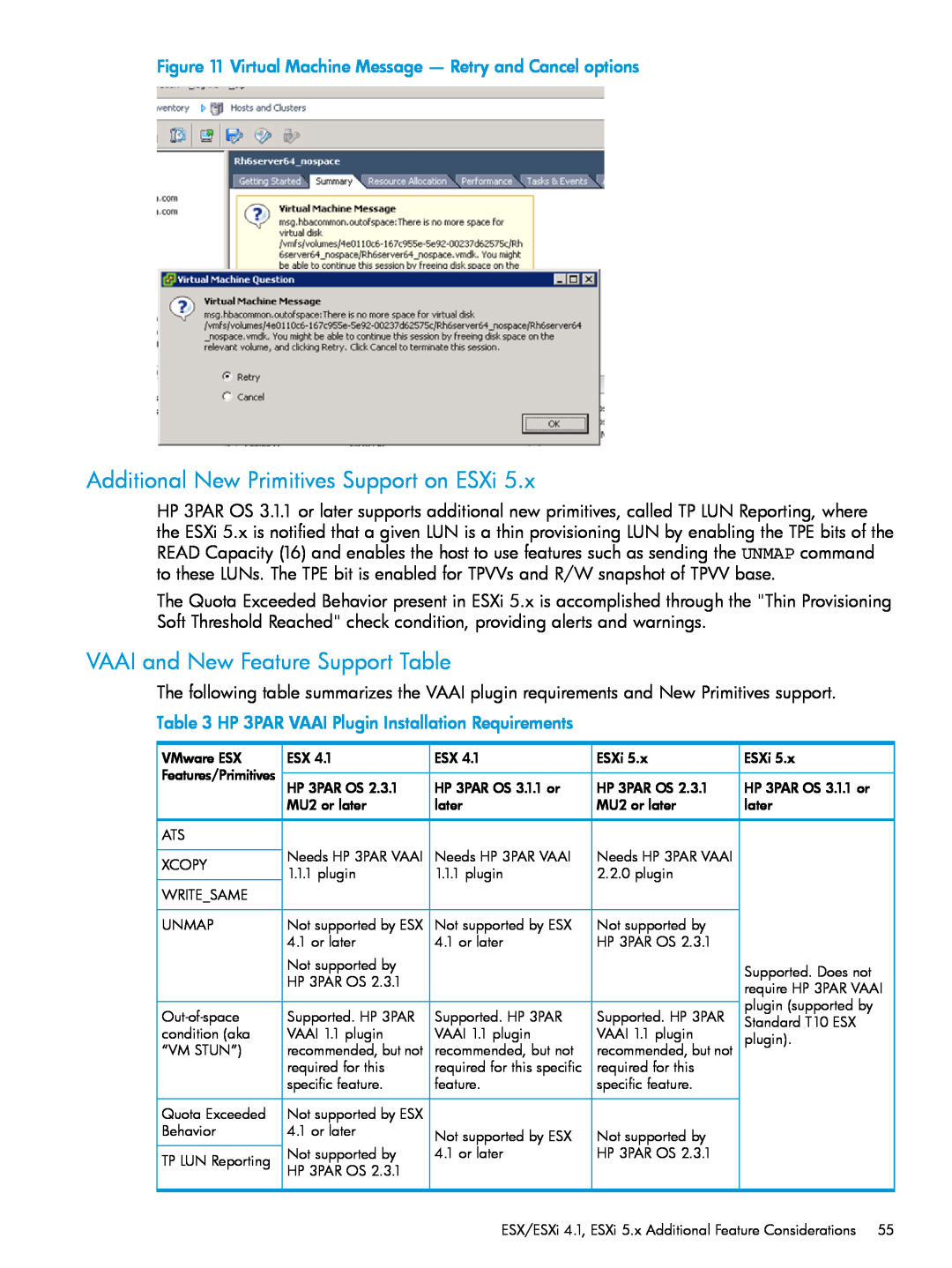 HP QR516B manual Additional New Primitives Support on ESXi, VAAI and New Feature Support Table 