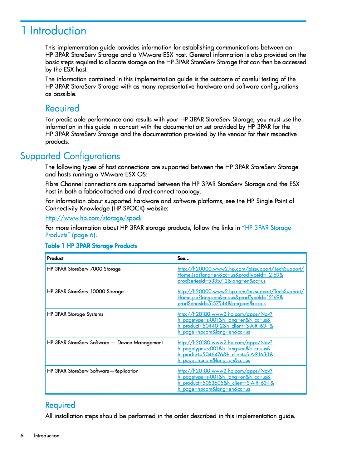 HP QR516B manual Introduction, Required, Supported Configurations, HP 3PAR Storage Products 