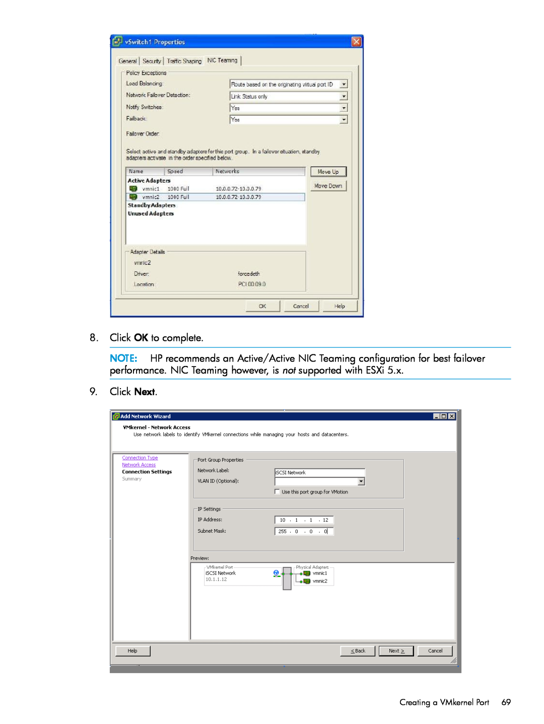 HP QR516B manual Click OK to complete, Click Next, Creating a VMkernel Port 