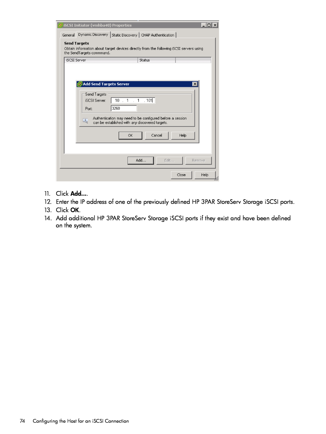 HP QR516B manual Click Add, Click OK, Configuring the Host for an iSCSI Connection 