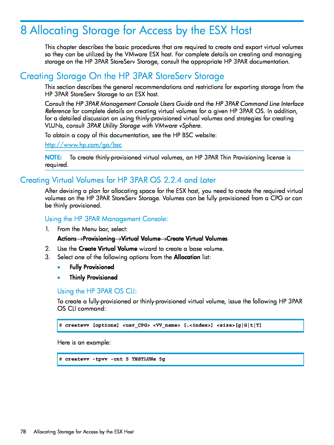 HP QR516B manual Allocating Storage for Access by the ESX Host, Creating Storage On the HP 3PAR StoreServ Storage 