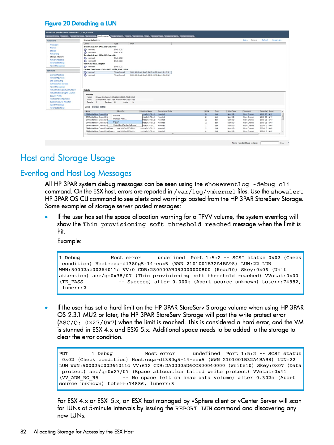 HP QR516B manual Host and Storage Usage, Eventlog and Host Log Messages, Detaching a LUN 