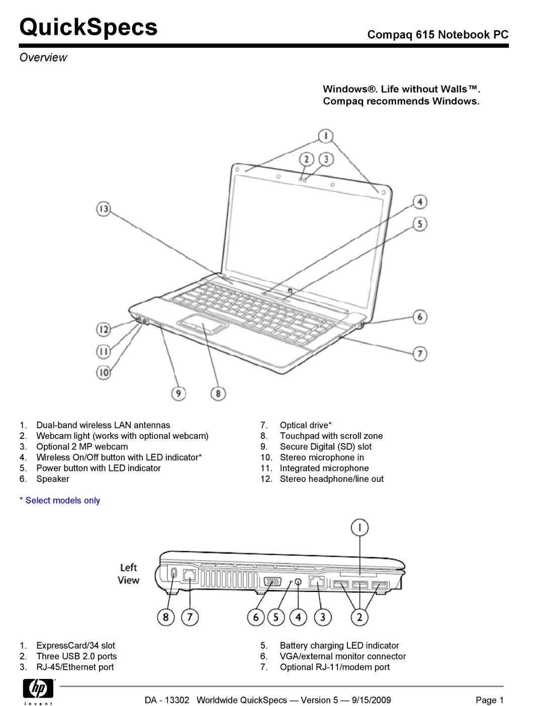 HP QUICKSPECS 615 manual QuickSpecs 