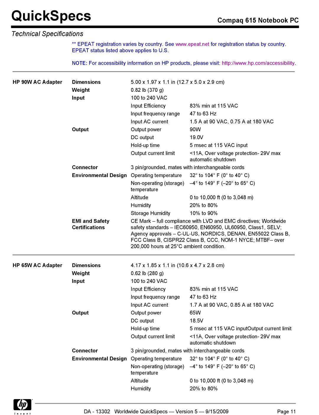 HP QUICKSPECS 615 manual HP 90W AC Adapter Dimensions, Input, Output, Connector, Environmental Design, EMI and Safety 