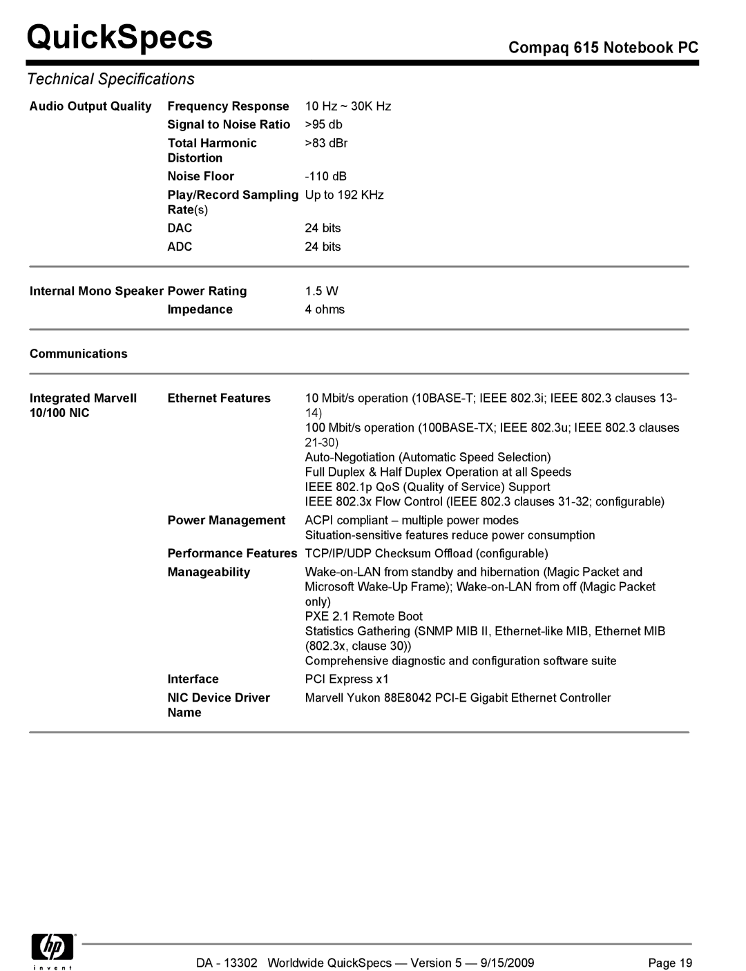 HP QUICKSPECS 615 Audio Output Quality Frequency Response, Signal to Noise Ratio, Total Harmonic, Distortion Noise Floor 