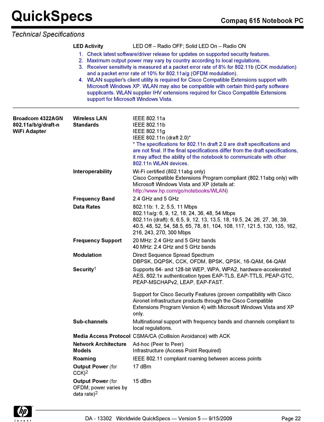 HP QUICKSPECS 615 LED Activity LED Off Radio OFF Solid LED On Radio on, Broadcom 4322AGN Wireless LAN, Frequency Support 