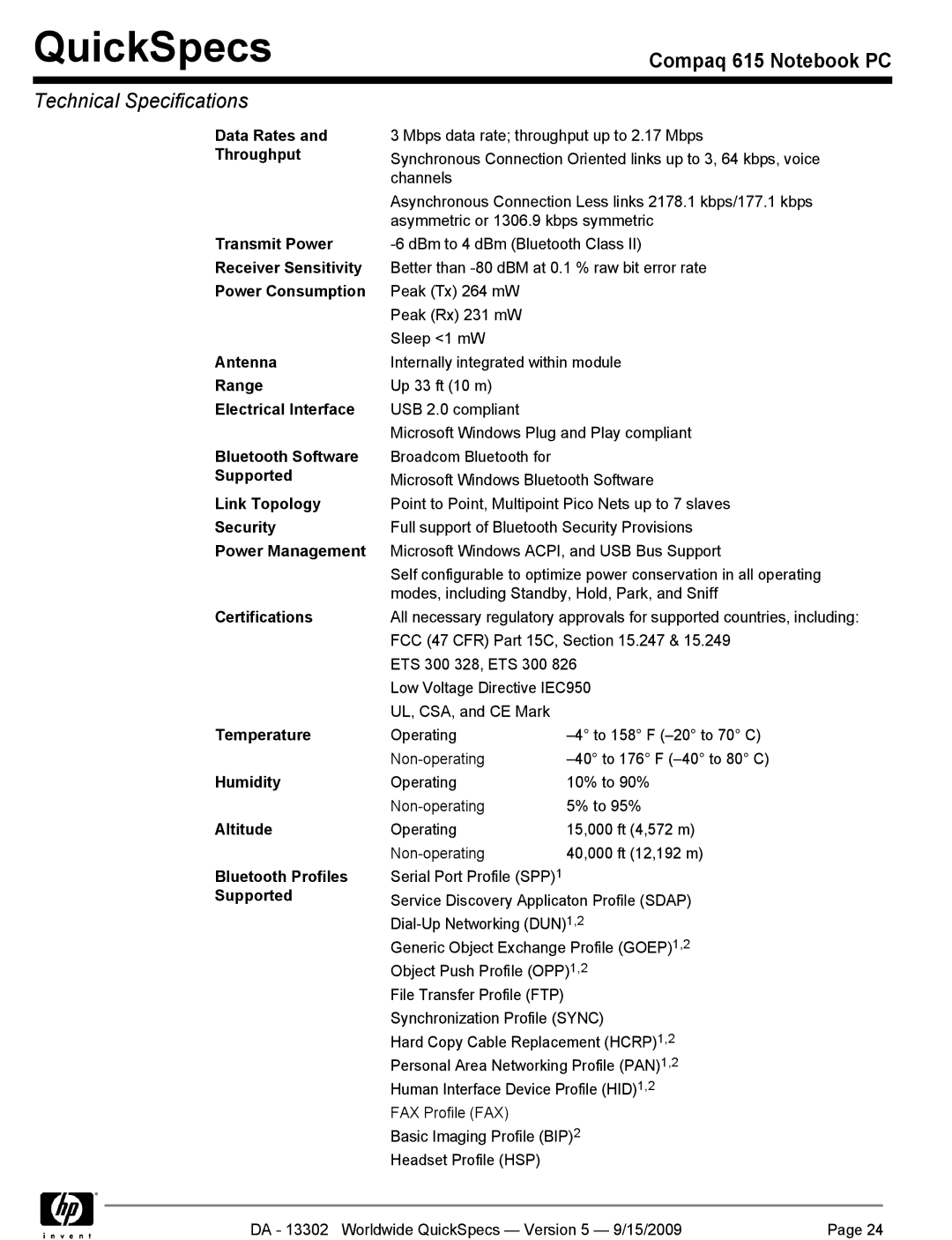 HP QUICKSPECS 615 Throughput, Transmit Power, Antenna, Range, Electrical Interface, Bluetooth Software, Link Topology 