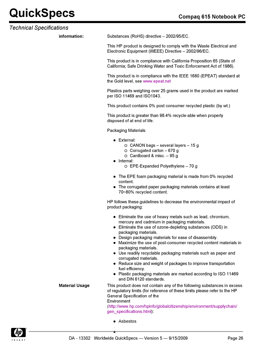 HP QUICKSPECS 615 manual Information, Material Usage 