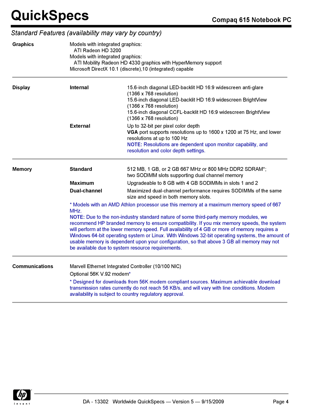 HP QUICKSPECS 615 manual Graphics, Display Internal, External, Memory Standard, Maximum, Dual-channel, Communications 