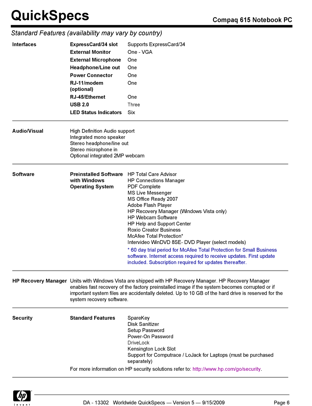 HP QUICKSPECS 615 Interfaces ExpressCard/34 slot, External Monitor, External Microphone, Headphone/Line out, RJ-11/modem 