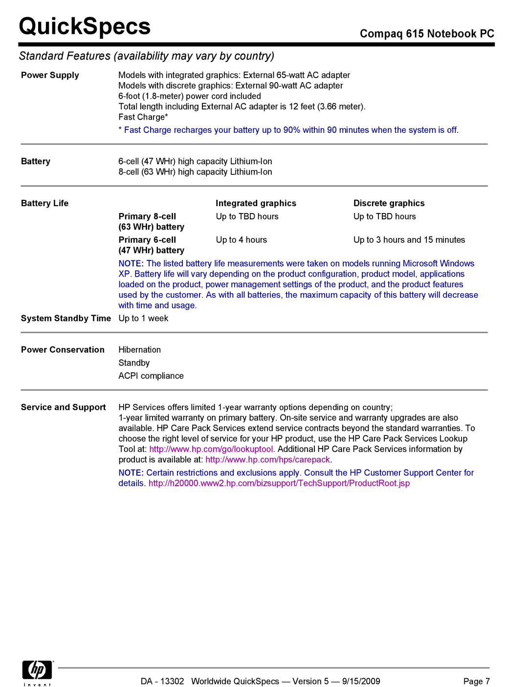 HP QUICKSPECS 615 manual Power Supply, Battery, WHr battery Primary 6-cell 