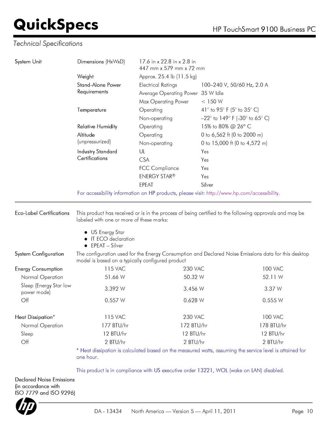 HP QUICKSPECS 9100 manual Technical Specifications 