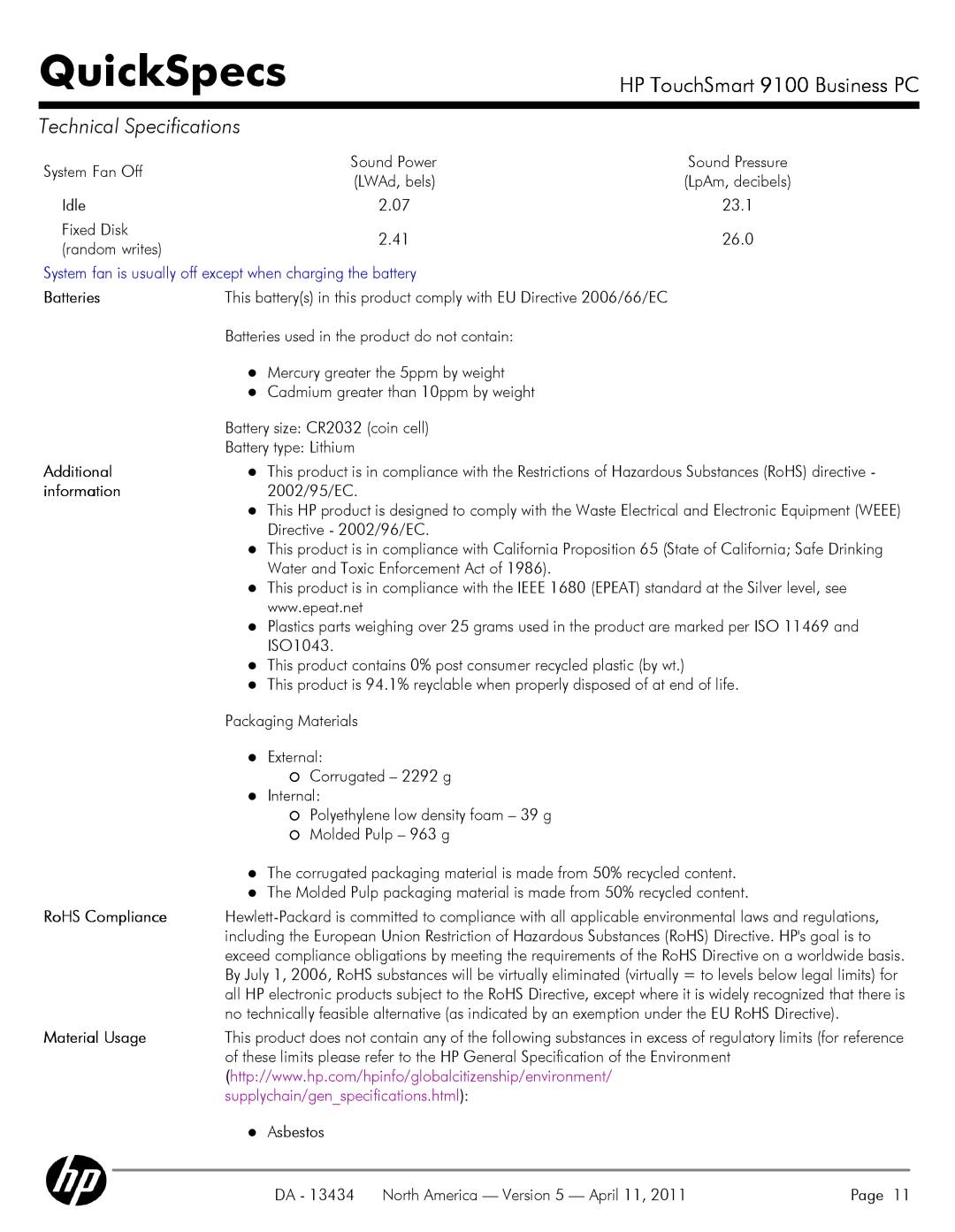 HP QUICKSPECS 9100 manual Batteries, Additional, Information, RoHS Compliance, Material Usage 