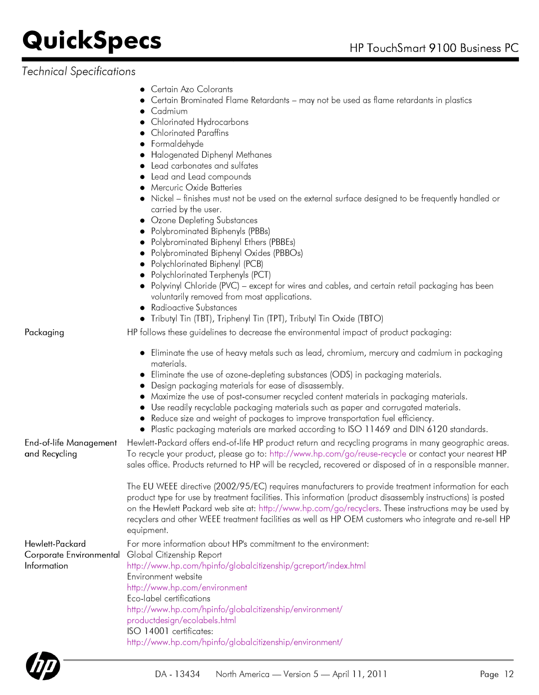 HP QUICKSPECS 9100 manual Packaging, Recycling, Hewlett-Packard 