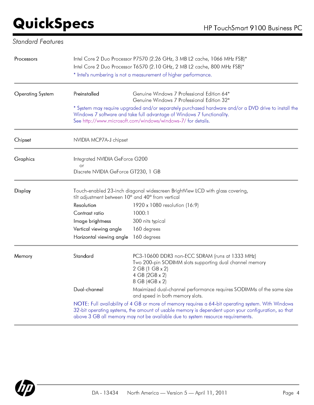 HP QUICKSPECS 9100 manual Standard Features 