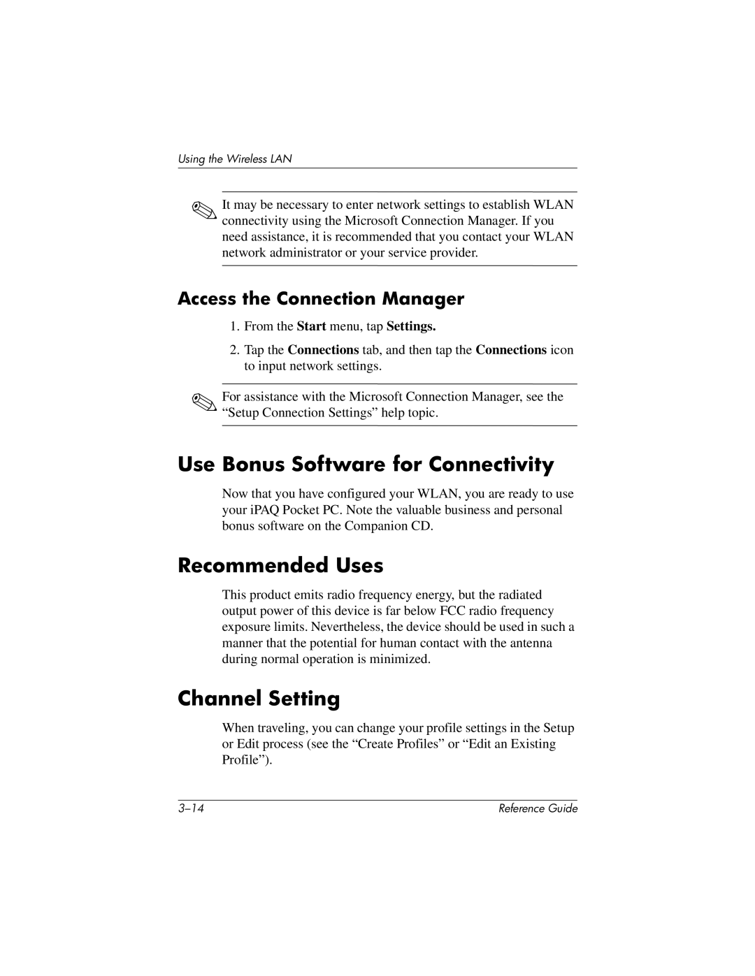 HP QuickSpecs h5400 Use Bonus Software for Connectivity, Recommended Uses, Channel Setting, Access the Connection Manager 