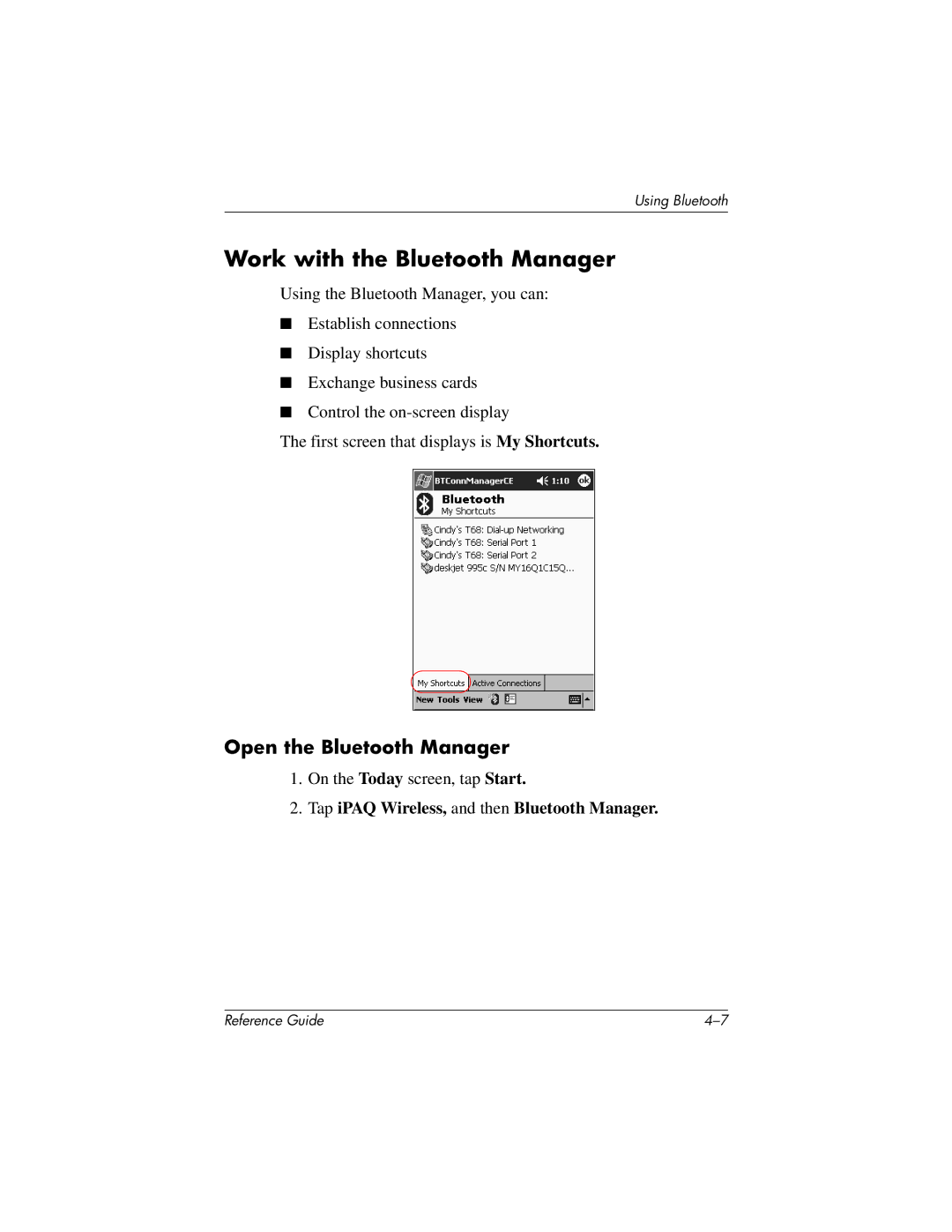 HP QuickSpecs h5400 manual Work with the Bluetooth Manager, Open the Bluetooth Manager 