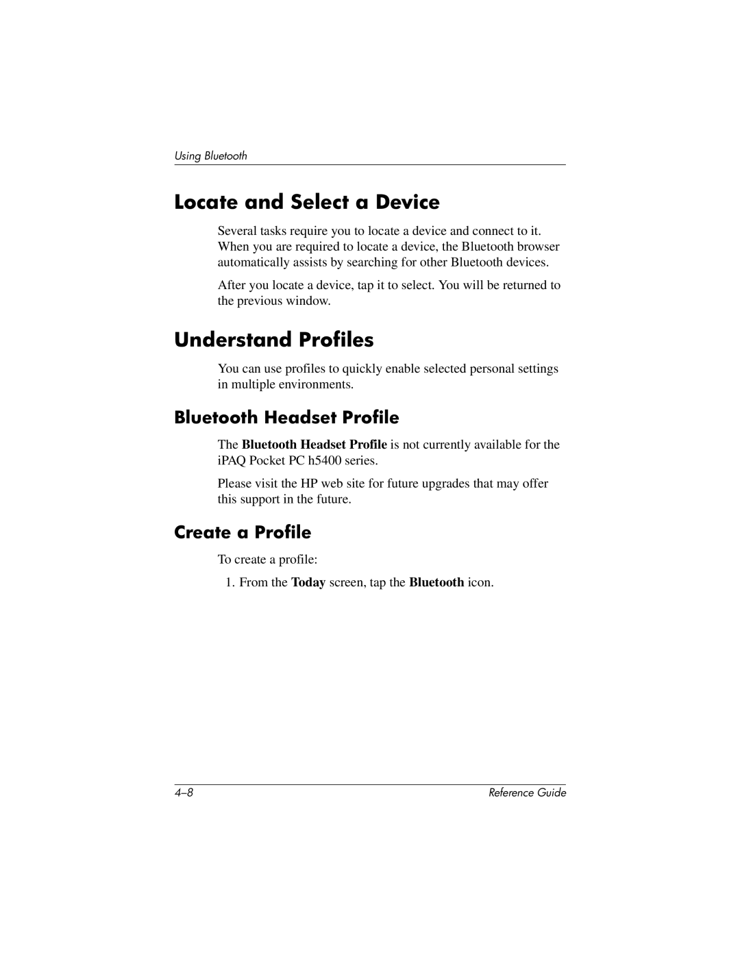 HP QuickSpecs h5400 manual Locate and Select a Device, Understand Profiles, Bluetooth Headset Profile, Create a Profile 