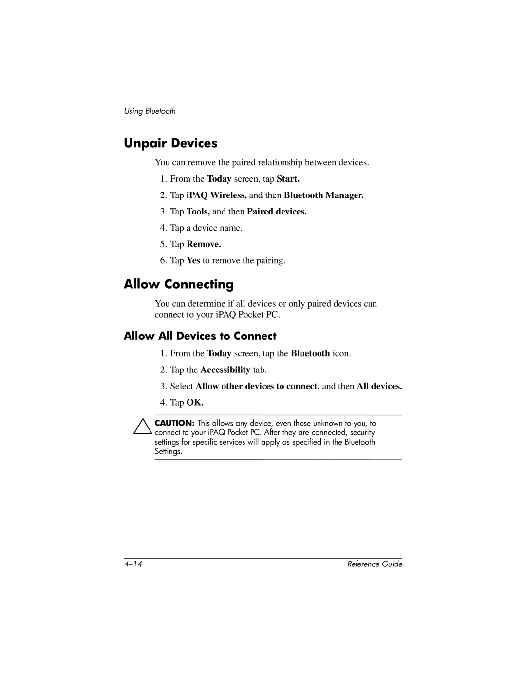 HP QuickSpecs h5400 manual Unpair Devices, Allow Connecting, Allow All Devices to Connect, Tap Remove 