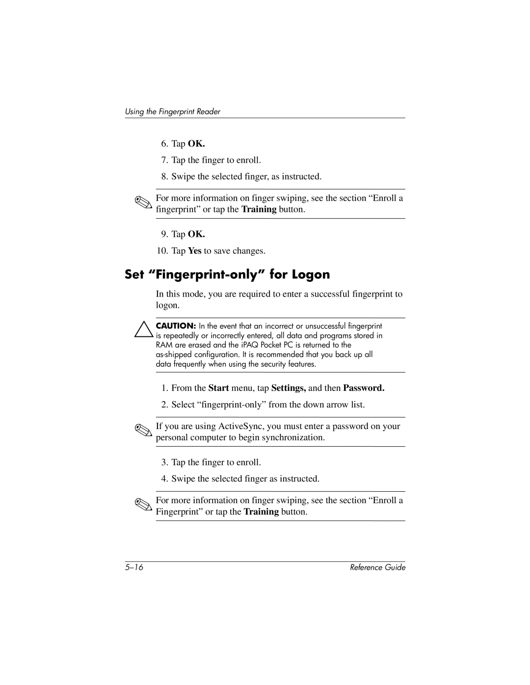 HP QuickSpecs h5400 manual Set Fingerprint-only for Logon 