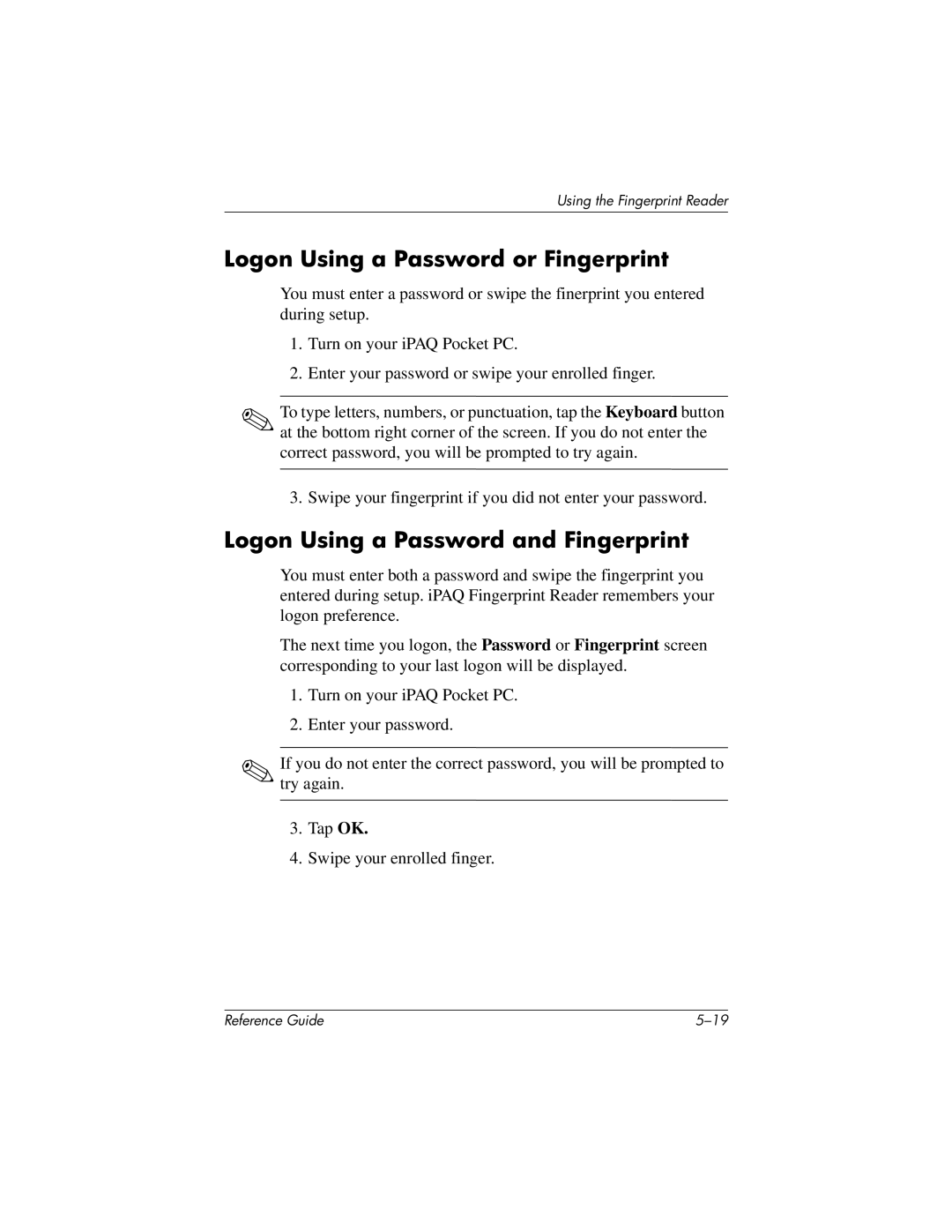 HP QuickSpecs h5400 manual Logon Using a Password or Fingerprint, Logon Using a Password and Fingerprint 